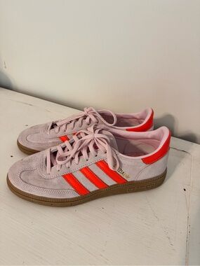 adidas spezial Pink Suede Sneakers with Neon Orange Stripes